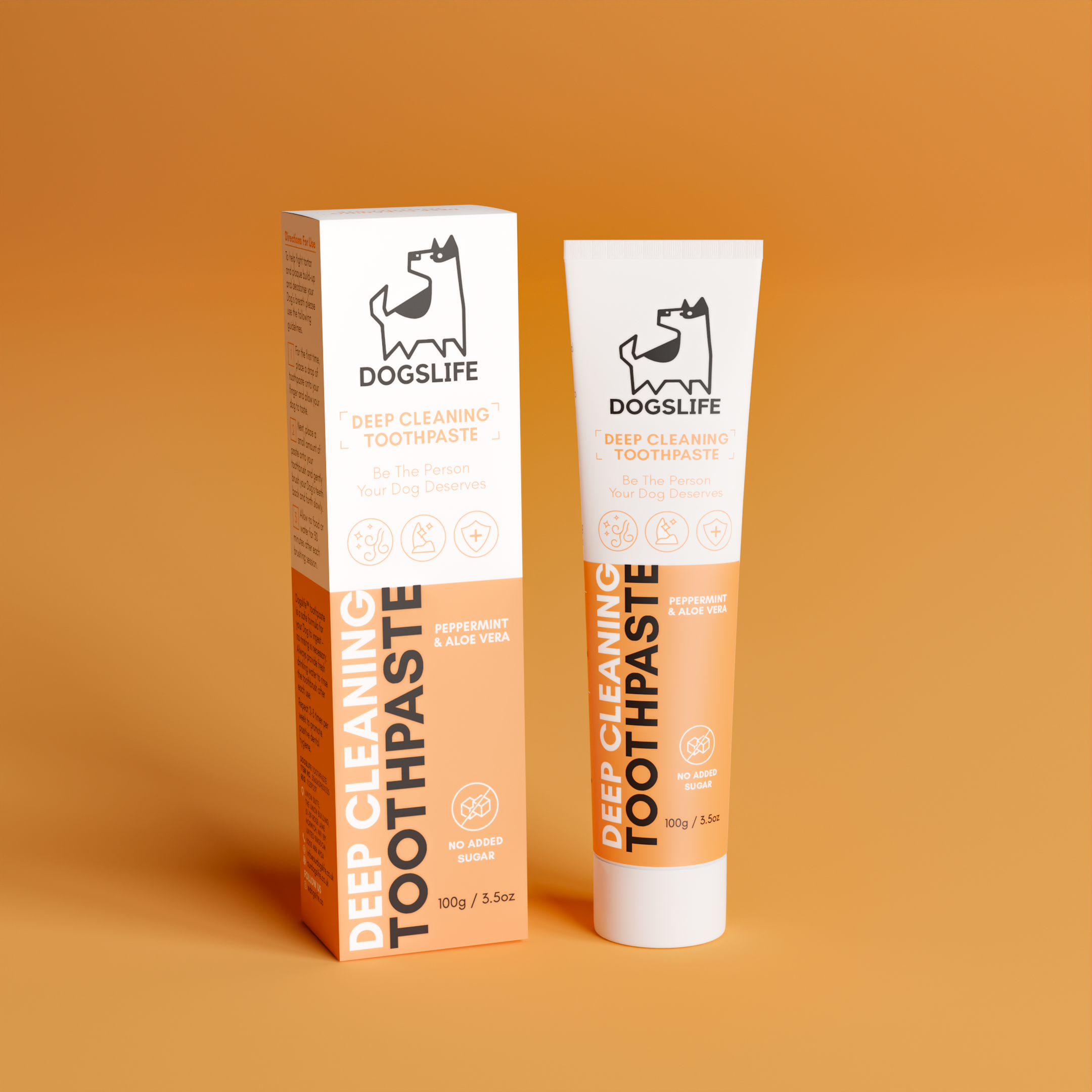 DOGSLIFE deep cleaning toothpaste packaging on an orange background