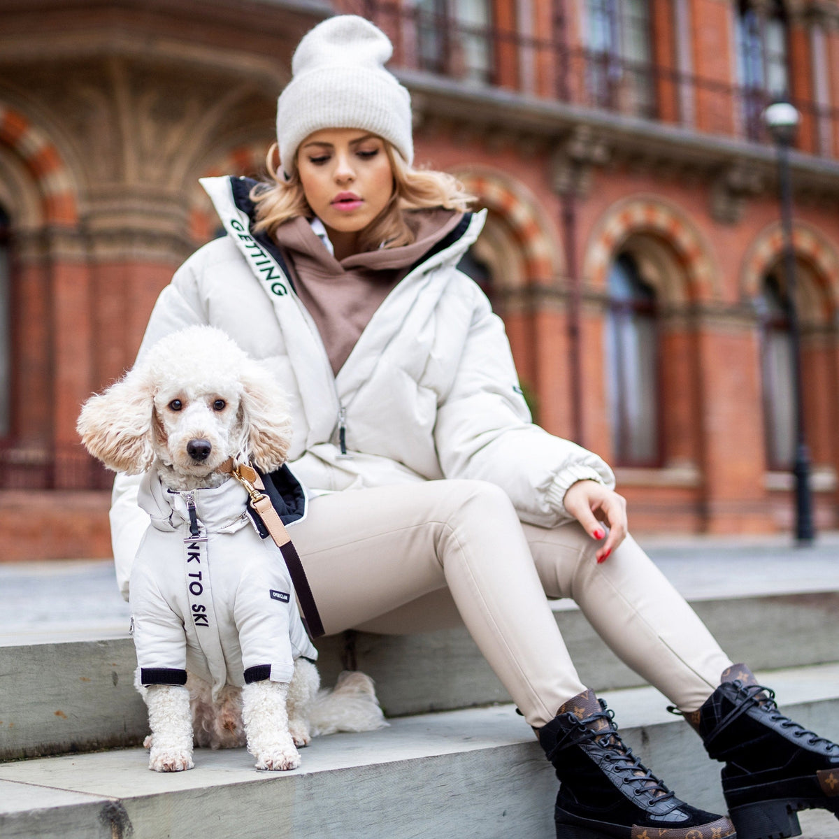 Overglam white dog ski jacket with embroidered chest detail