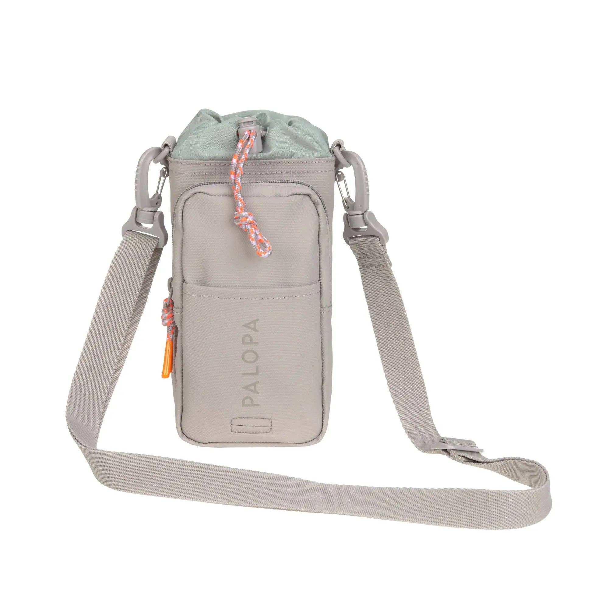 PALOPA Boudi Taupe dog walking bag with integrated bottle holder, treat compartment and shoulder strap.