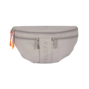 PALOPA Emma taupe dog snack bag with removable treat compartment, adjustable strap and hidden waste bag dispenser.