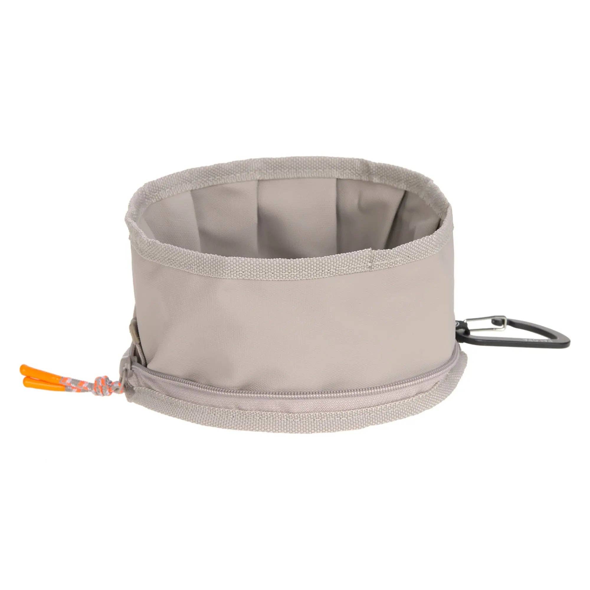 PALOPA Tura taupe foldable dog travel bowl with zip closure and integrated carabiner clip.