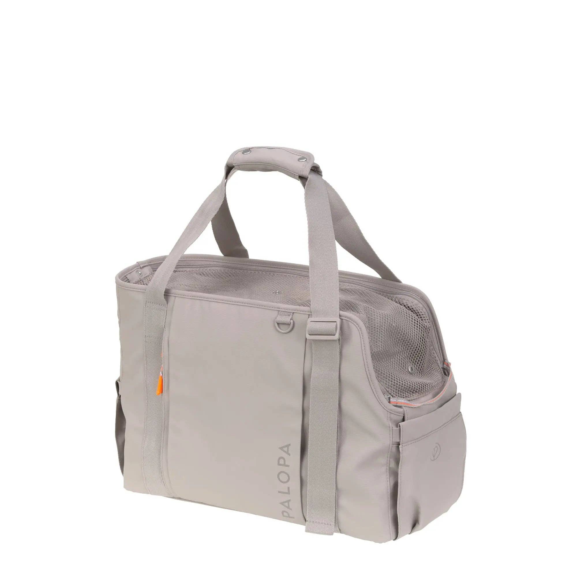 Gray pet carrier with Malopa branding on a white background
