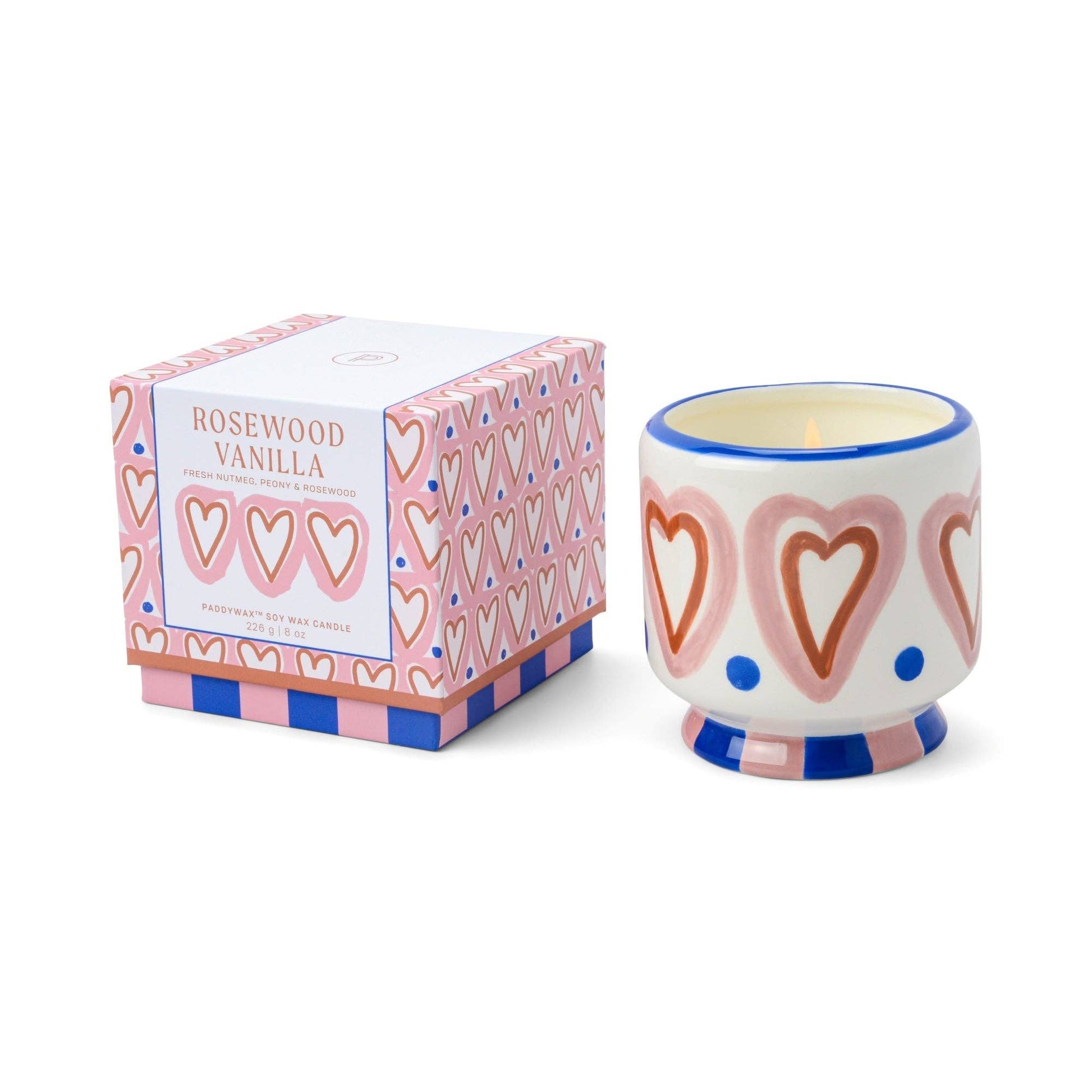Paddywax A Dopo Hearts ceramic candle with Rosewood Vanilla fragrance.