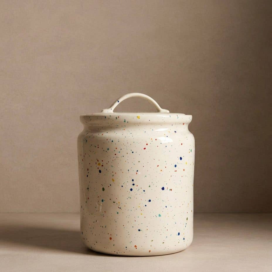 Decorative white stoneware storage jar for kitchen essentials