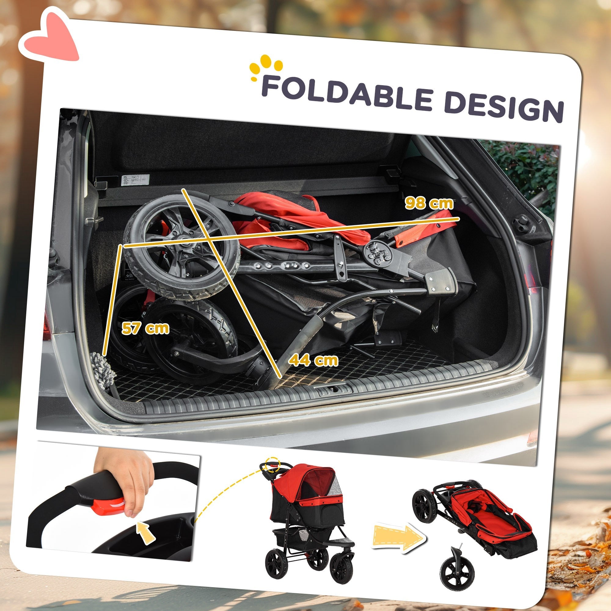 Three-wheel PawHut pet stroller with red and black fabric cabin