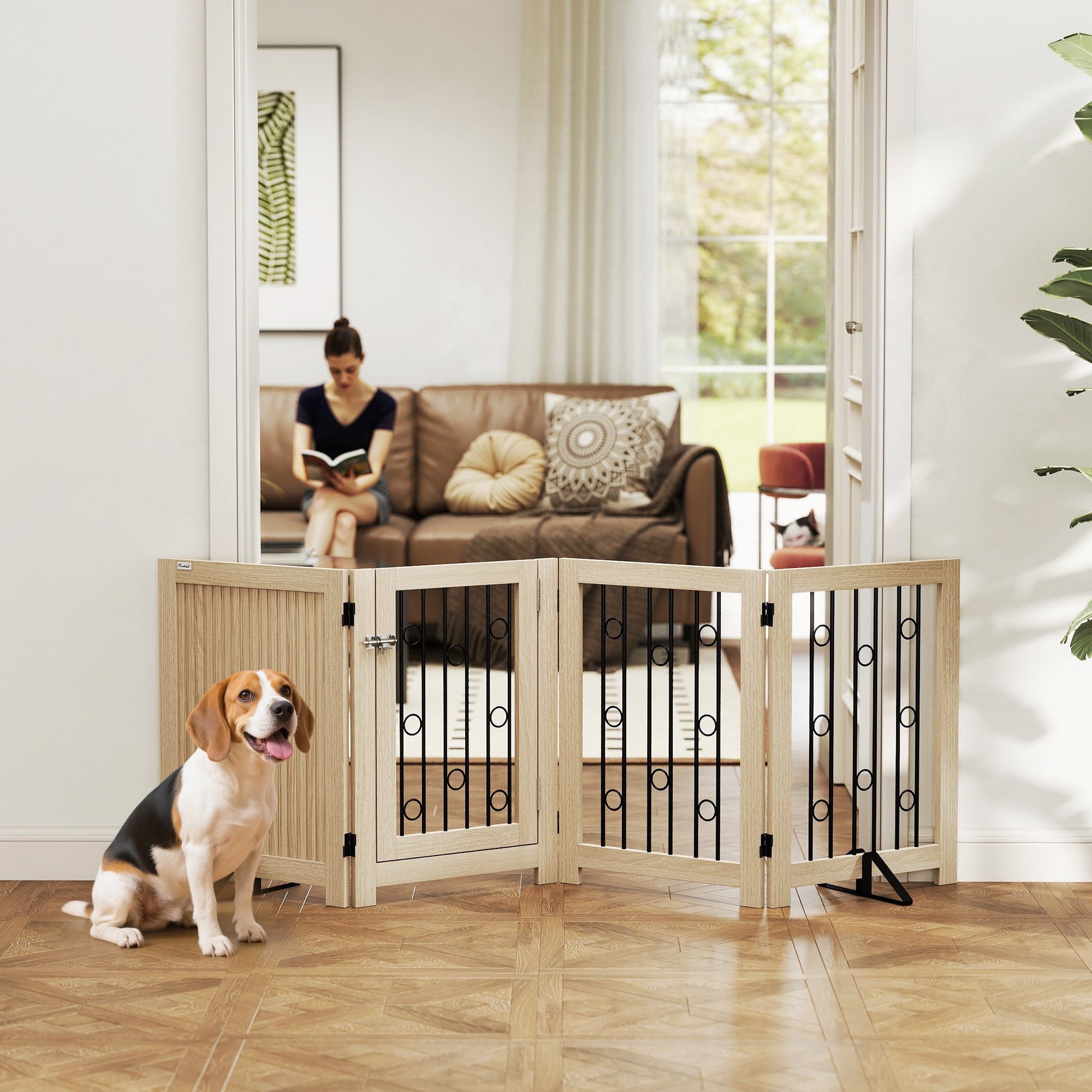 PawHut four-panel freestanding oak dog gate with black steel bars