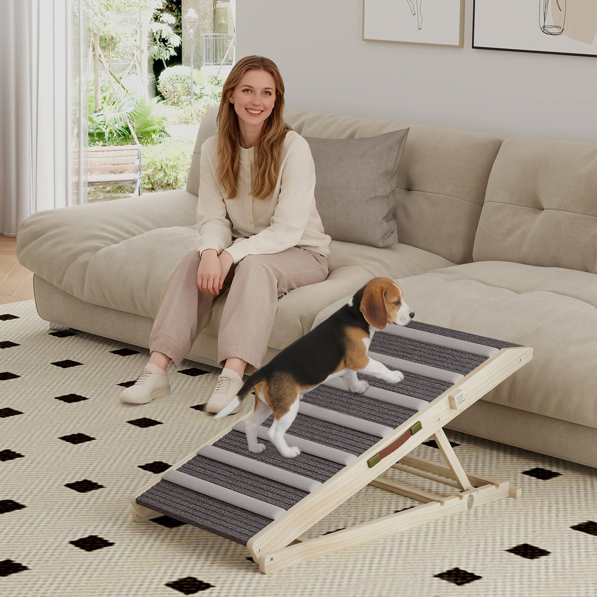 PawHut adjustable natural wooden dog ramp with grey carpet