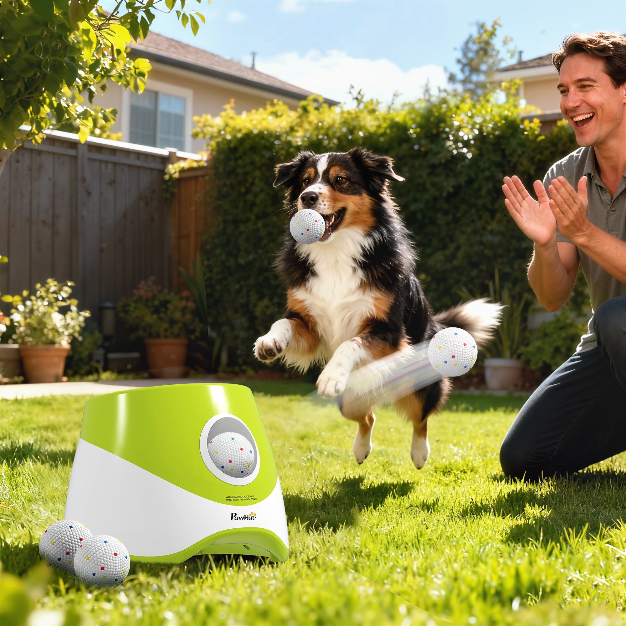 Green PawHut automatic dog ball launcher with five ETPU balls