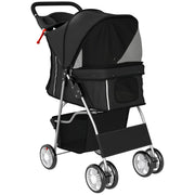 Black PawHut dog stroller with mesh windows and storage basket