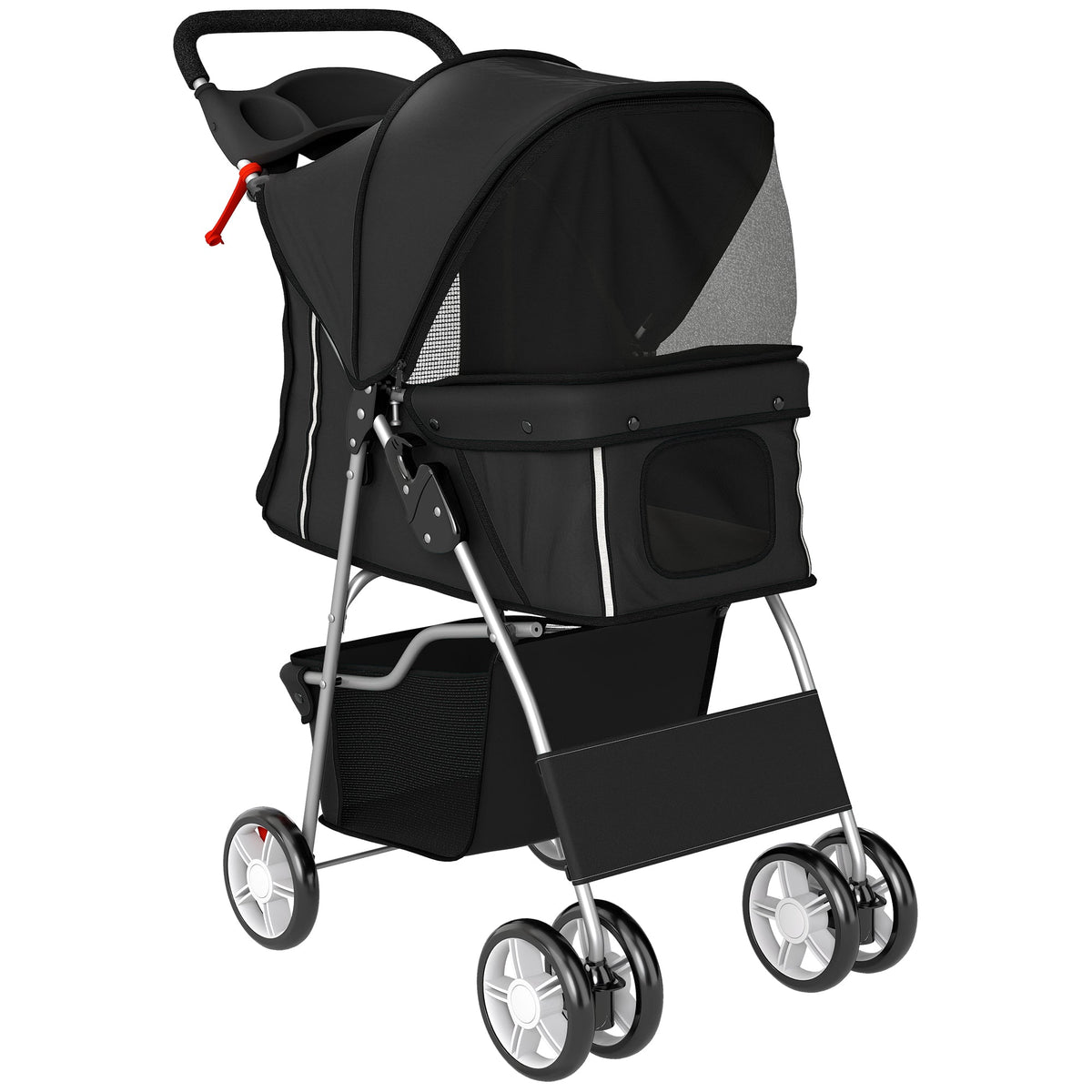 Black PawHut dog stroller with mesh windows and storage basket