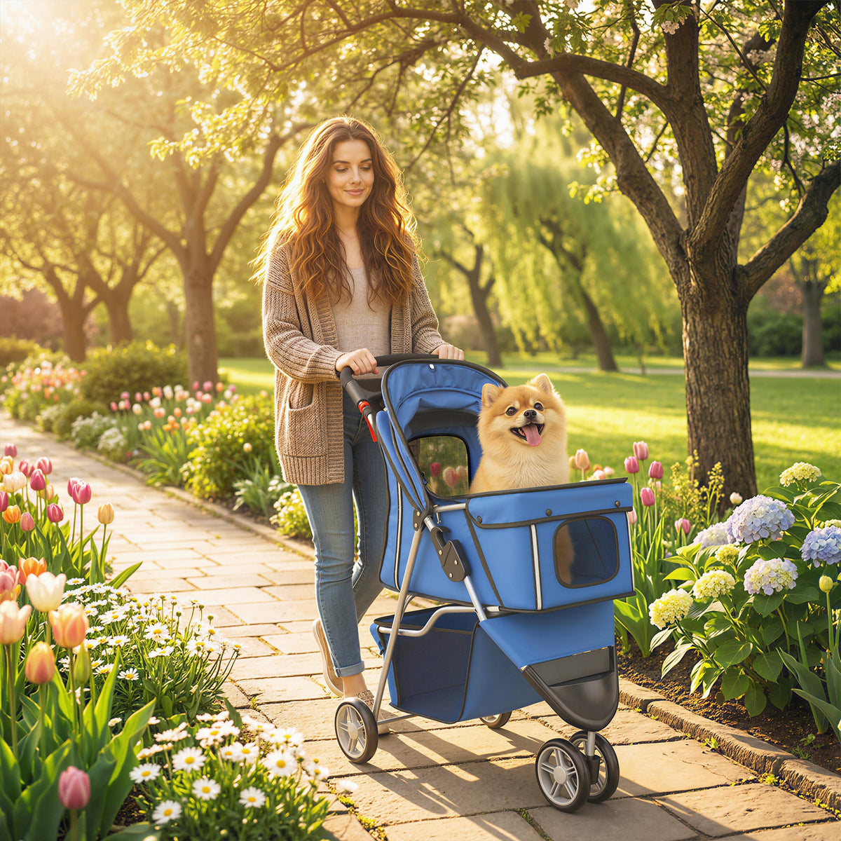 PawHut blue compact three-wheel dog stroller for small and miniature dogs