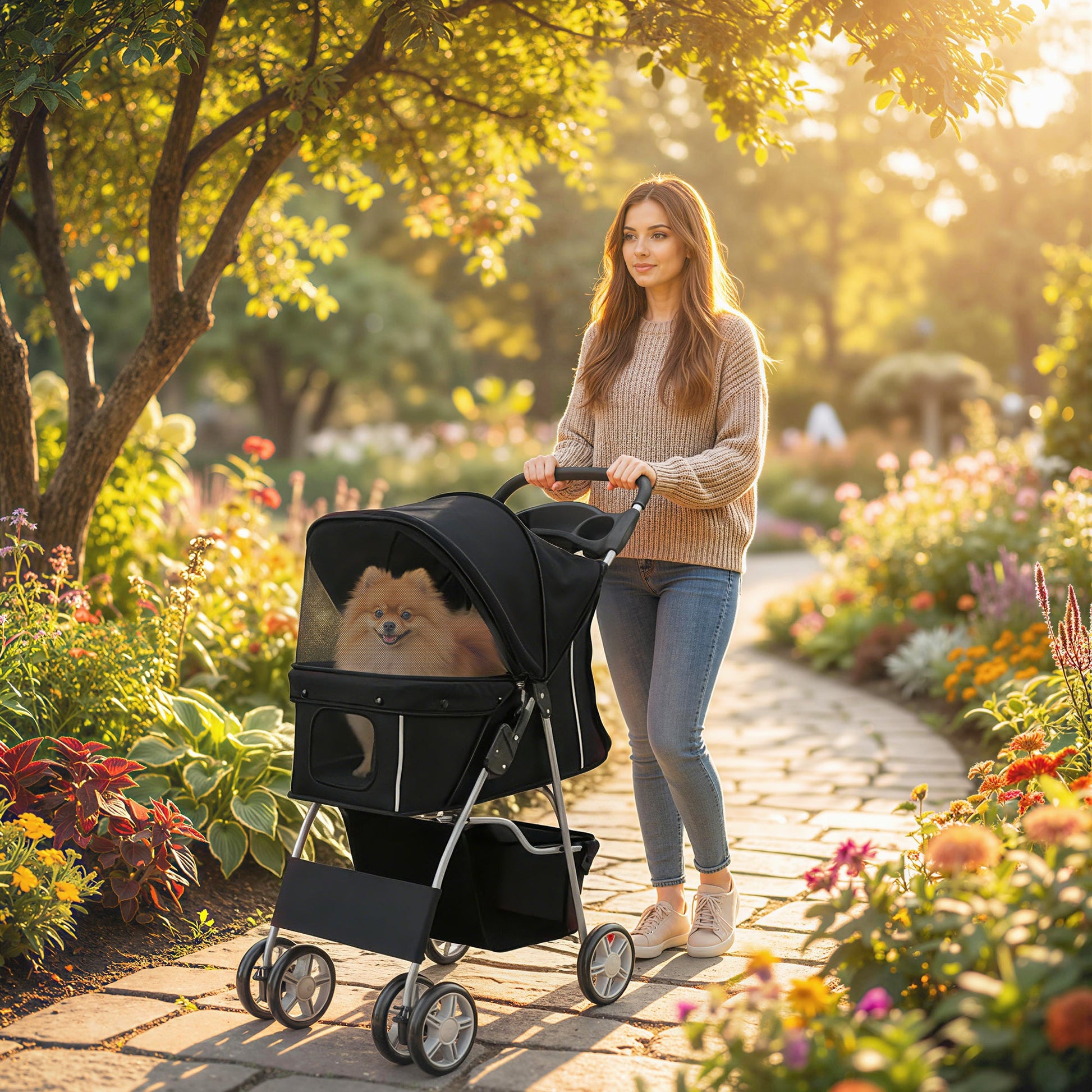 PawHut black compact foldable dog stroller for small dogs