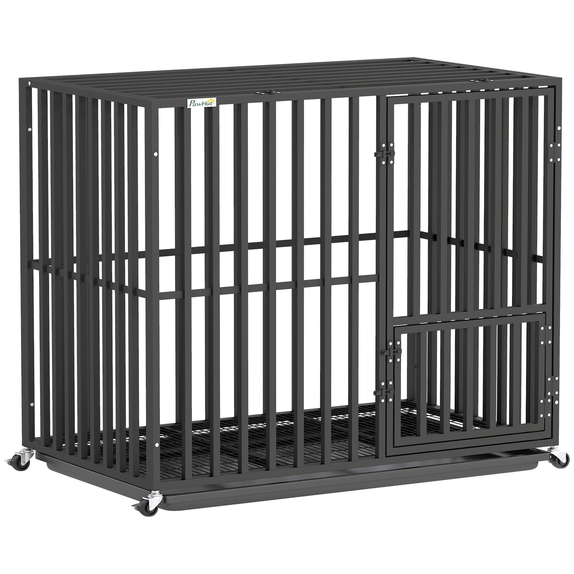 Front view of PawHut black heavy duty steel dog crate