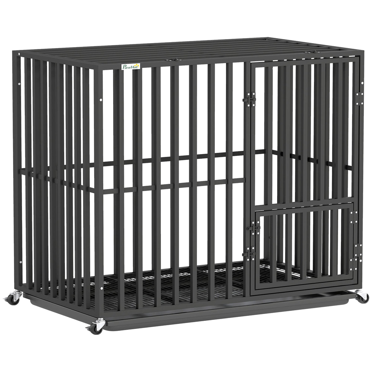 Front view of PawHut black heavy duty steel dog crate