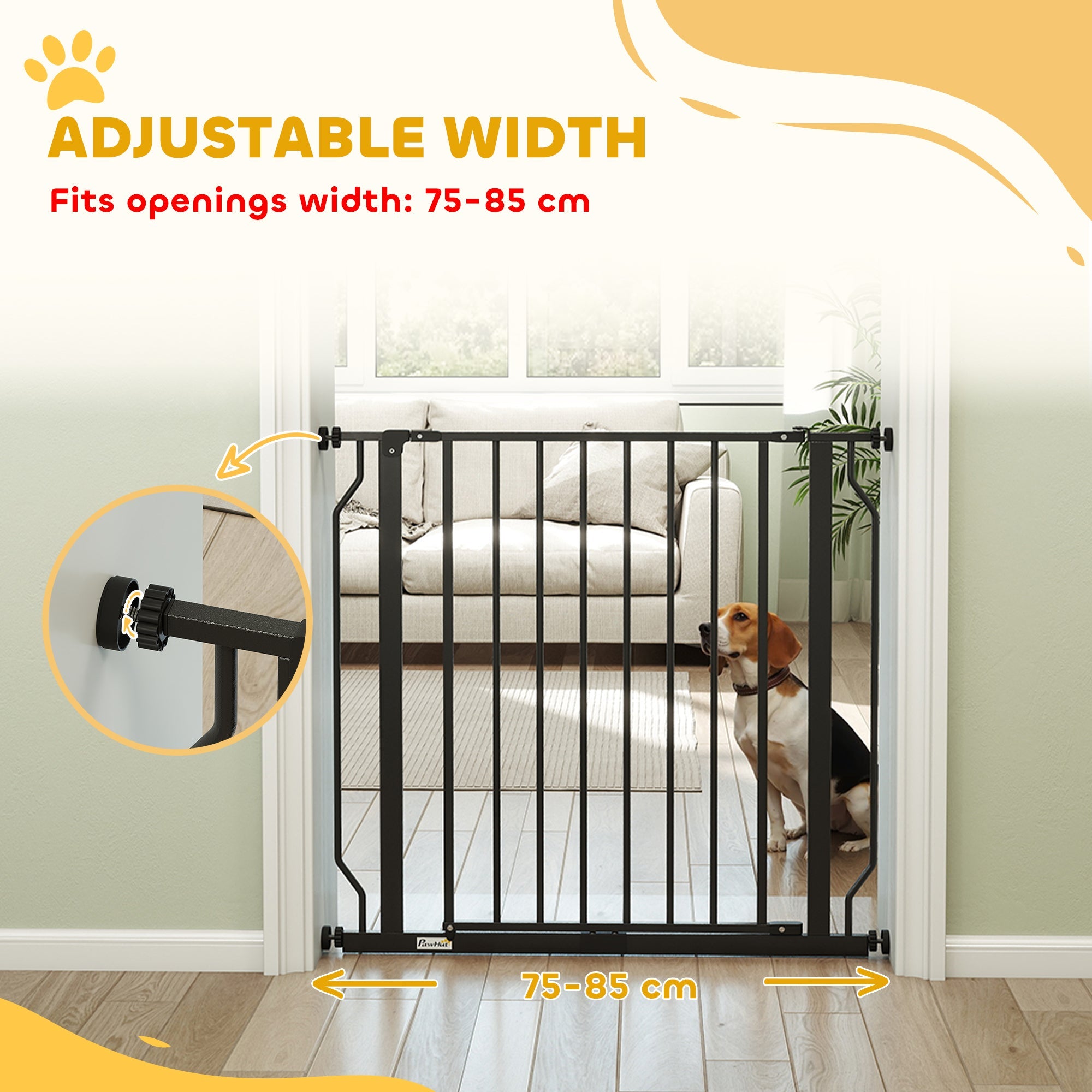 Black PawHut pressure-fit dog gate installed across a doorway