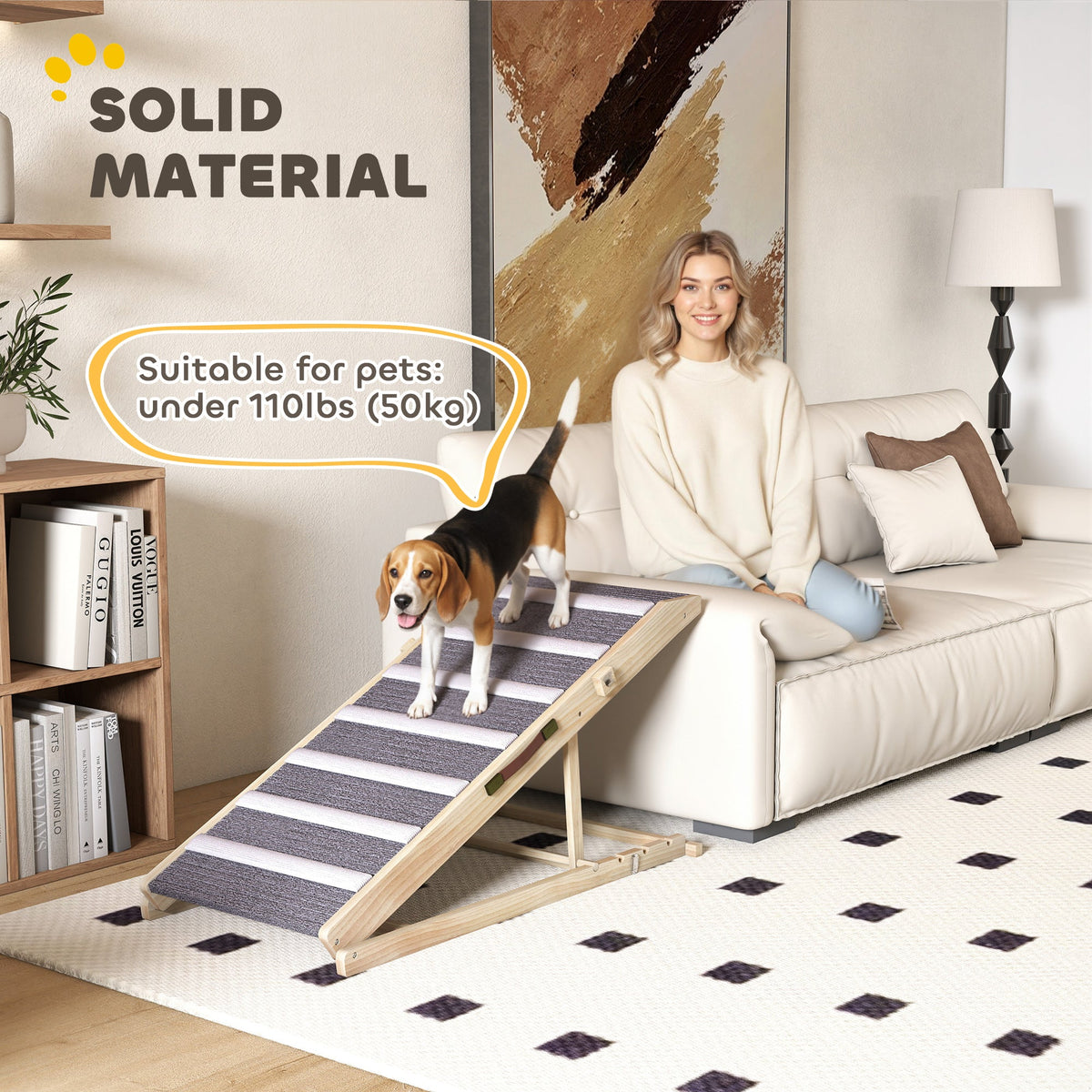 Adjustable PawHut wooden dog ramp for helping dogs onto a bed