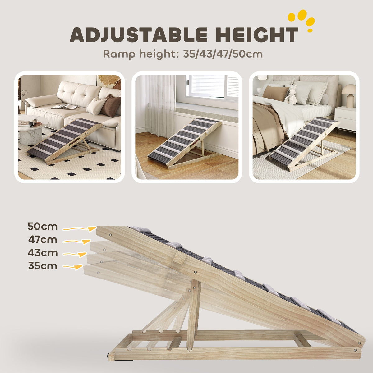 PawHut wooden dog ramp positioned beside a sofa