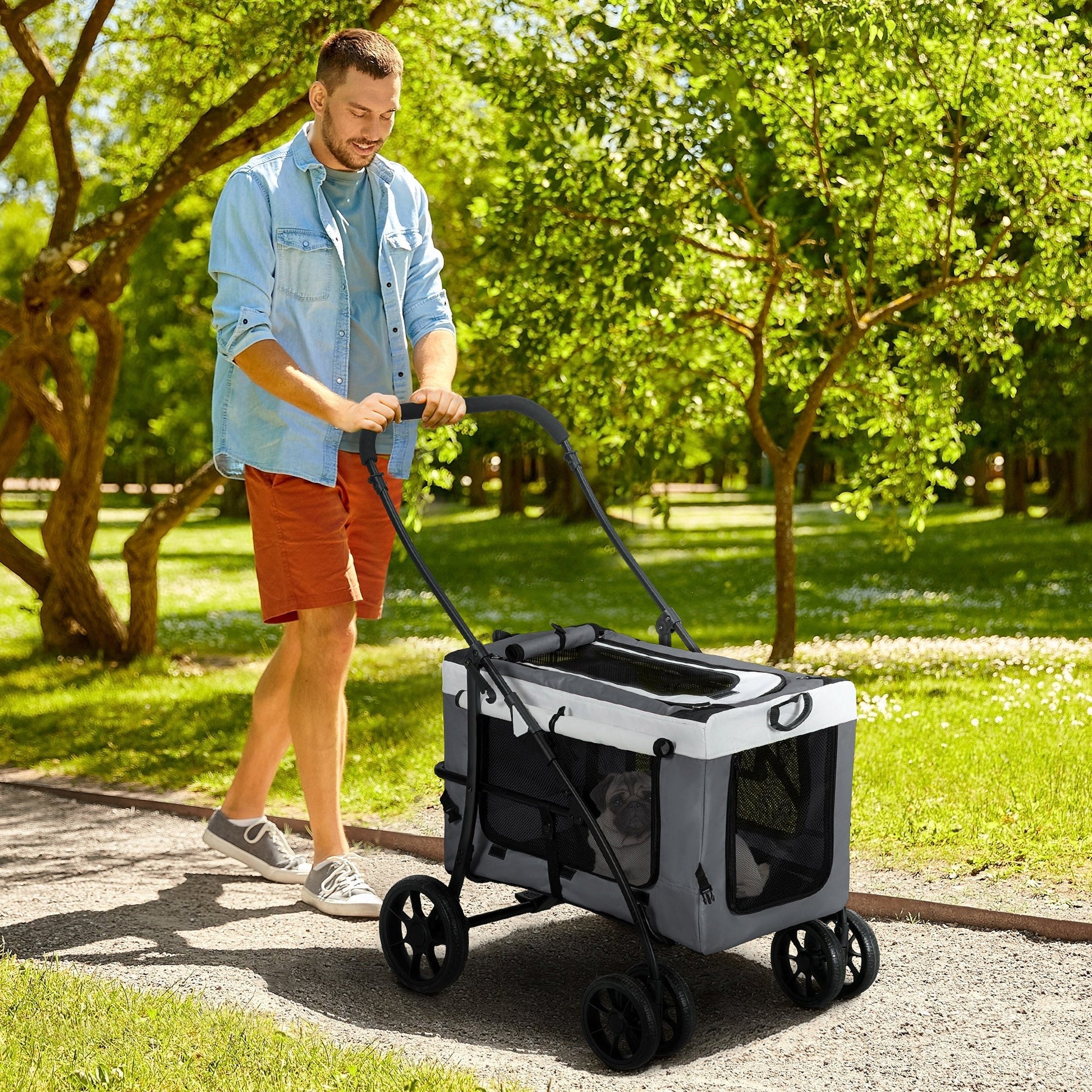Grey PawHut dog stroller with detachable carrier for small dogs