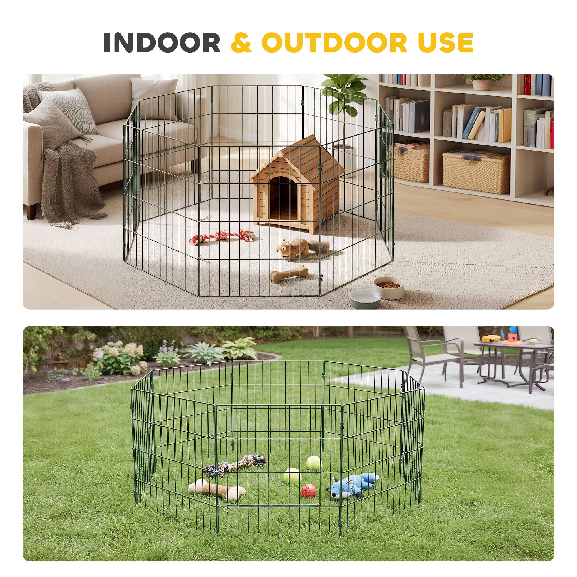 Green foldable puppy pen with eight configurable steel panels