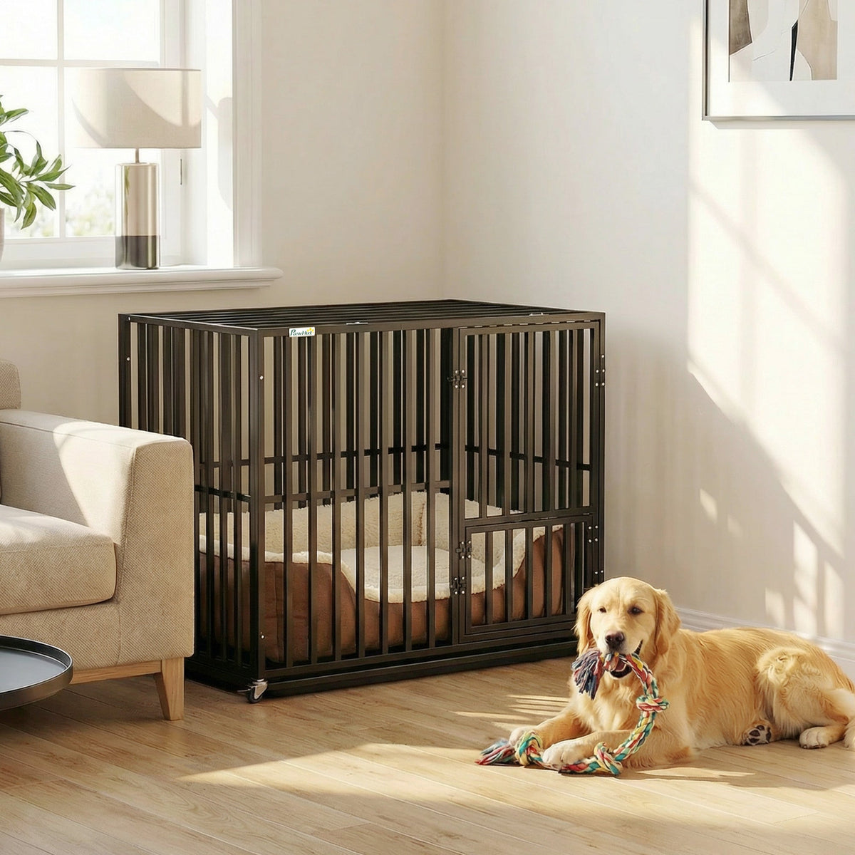 PawHut heavy duty black steel dog crate with wheels and secure doors