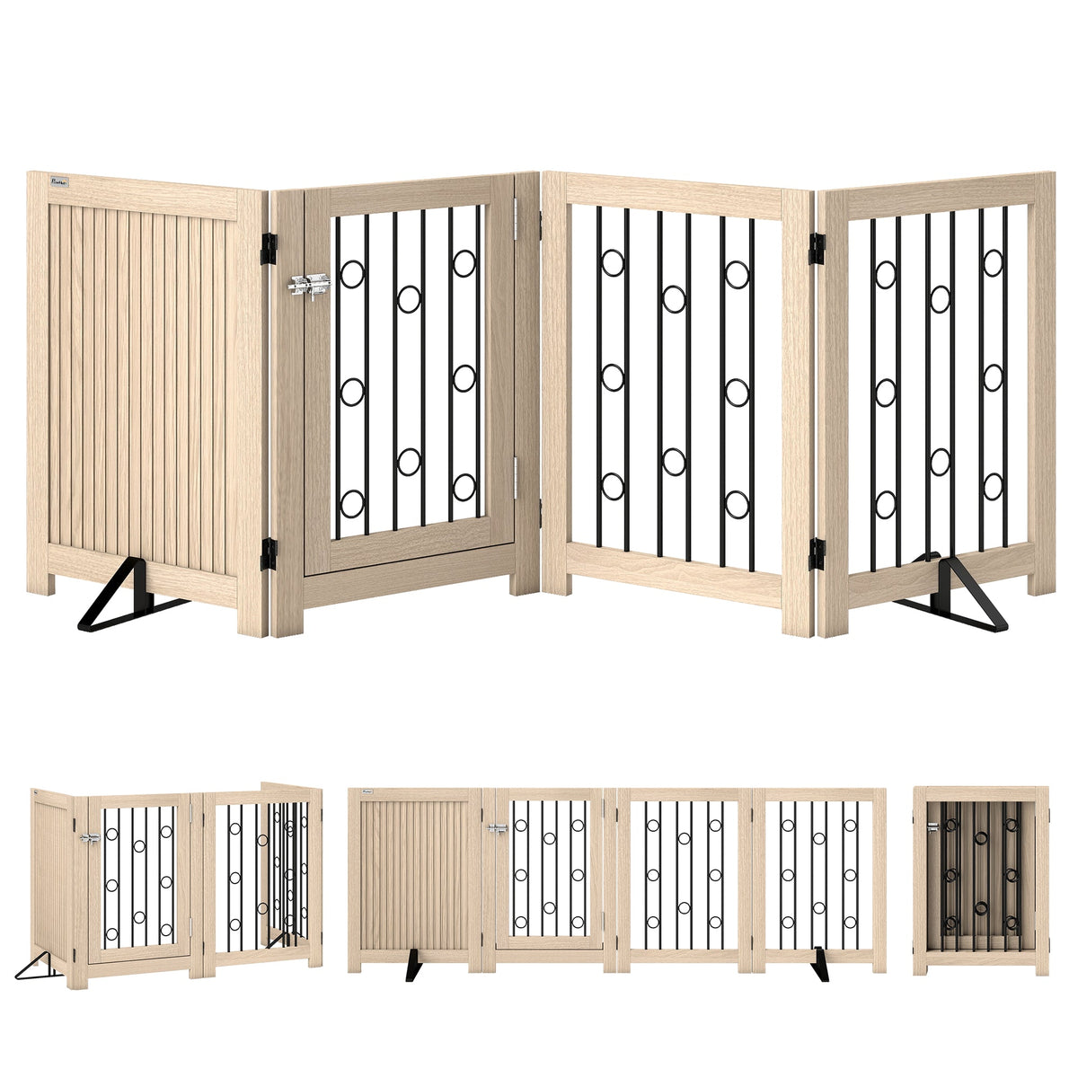 Oak-effect PawHut freestanding dog gate for the home