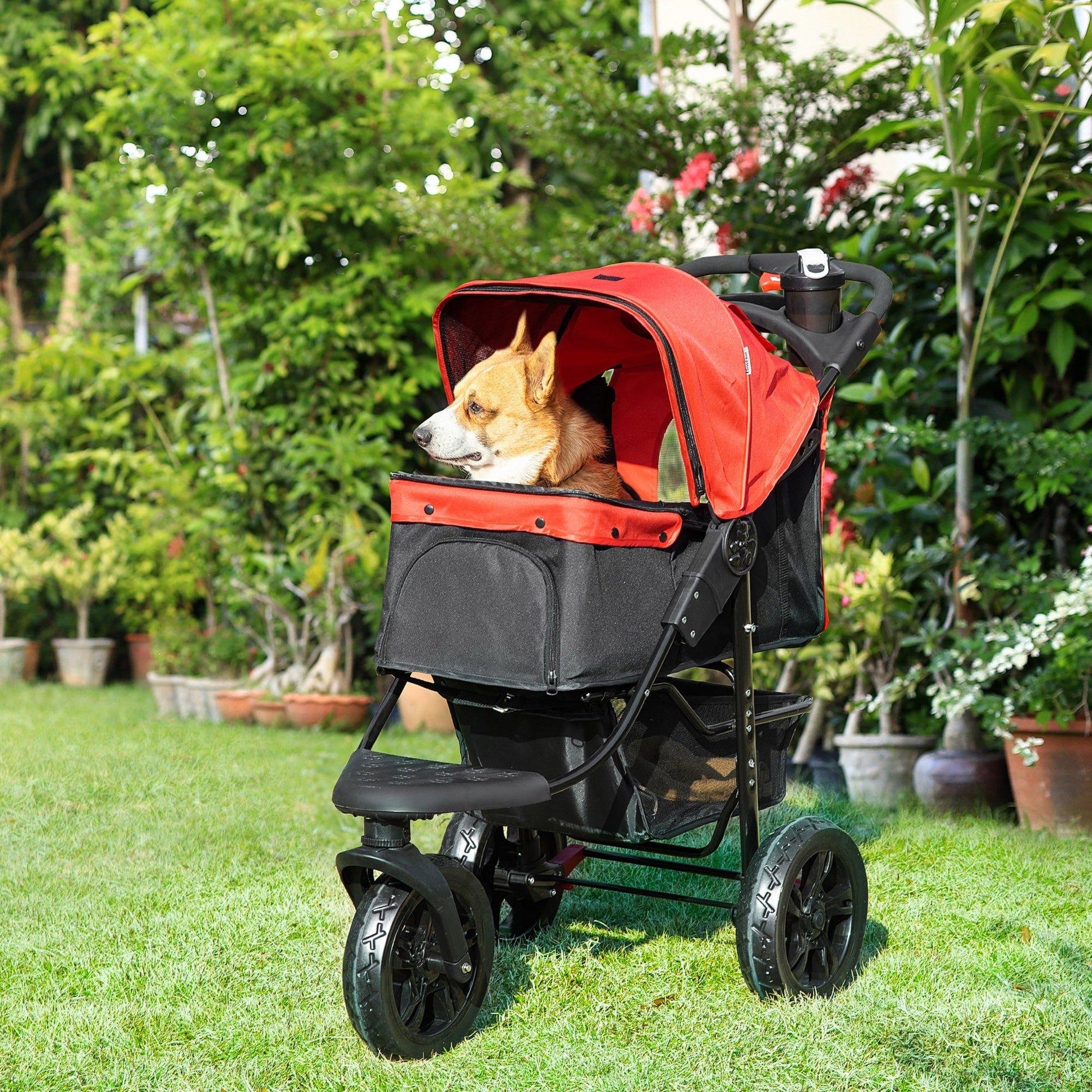 Red and black PawHut dog stroller for small and miniature dogs