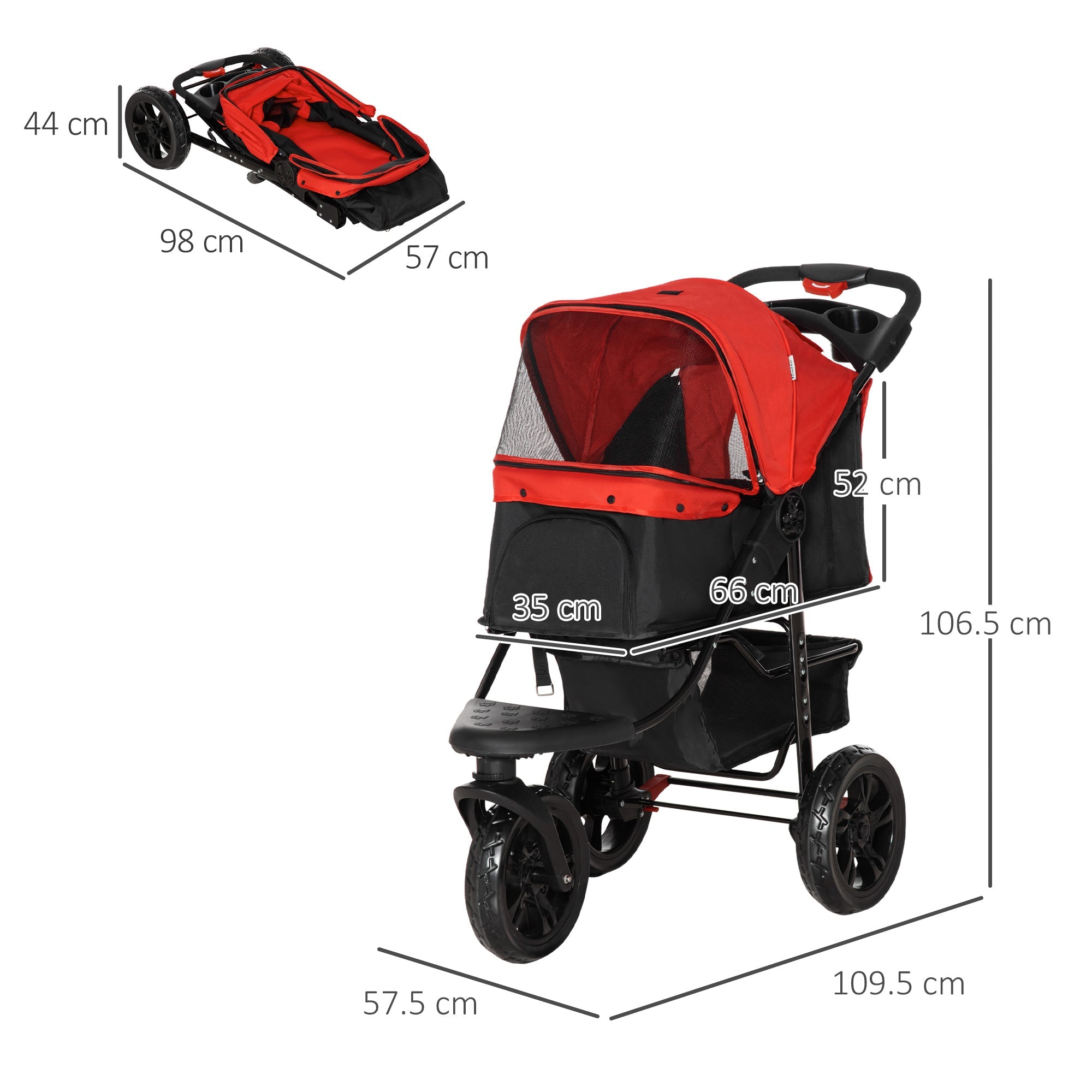 PawHut red dog pushchair with three large wheels and adjustable canopy