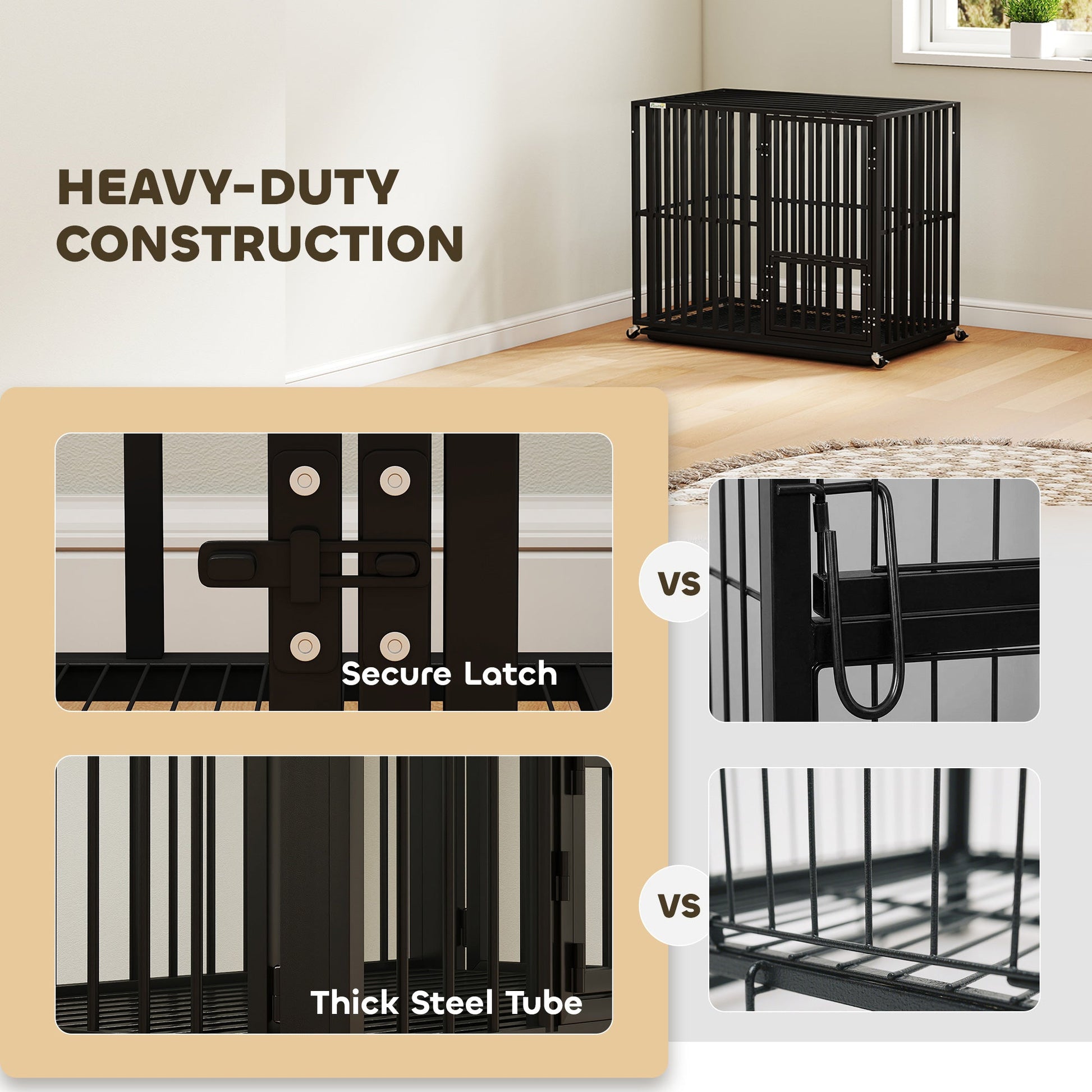 PawHut steel dog crate with four castor wheels and removable tray