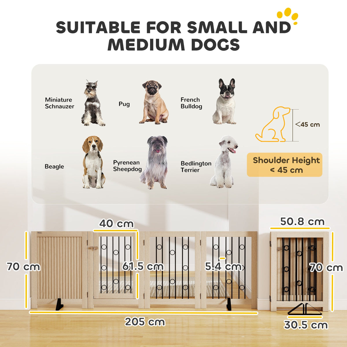 PawHut oak-effect wooden dog barrier with four folding panels