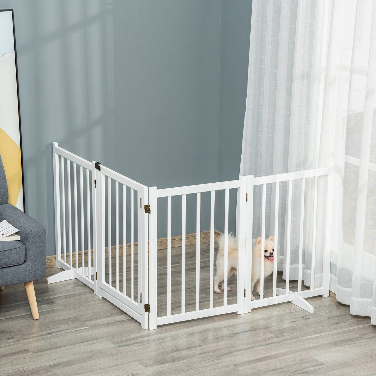 White wooden indoor dog safety barrier with four adjustable panels