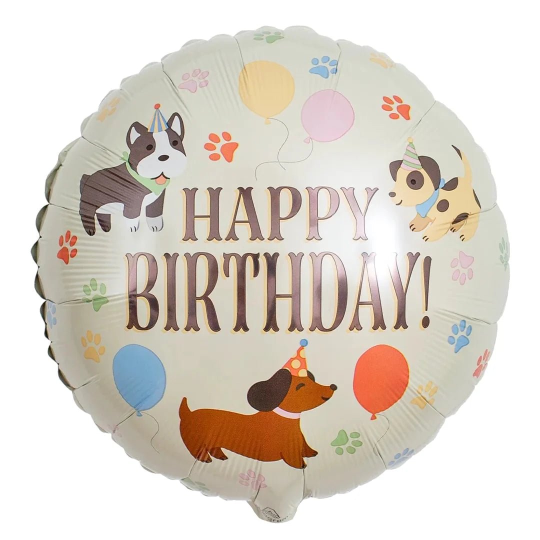 Pawsome Party Happy Birthday foil balloon featuring party dogs and paw prints for dog birthday celebrations.
