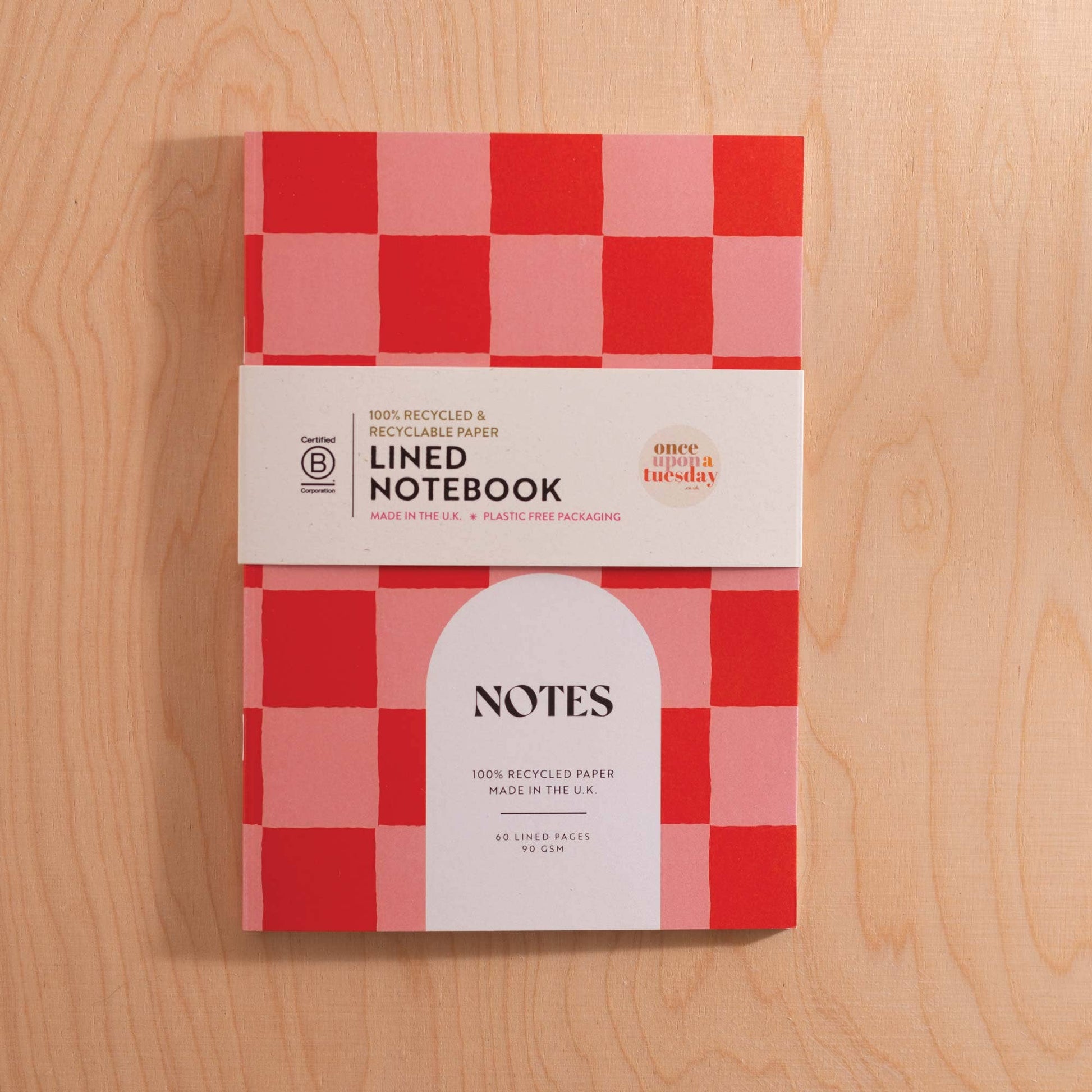 Colourful peach pink and cherry red checkerboard A5 notebook.