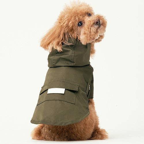 Green Pehom Bowery waterproof dog raincoat with adjustable belt and premium hardware.