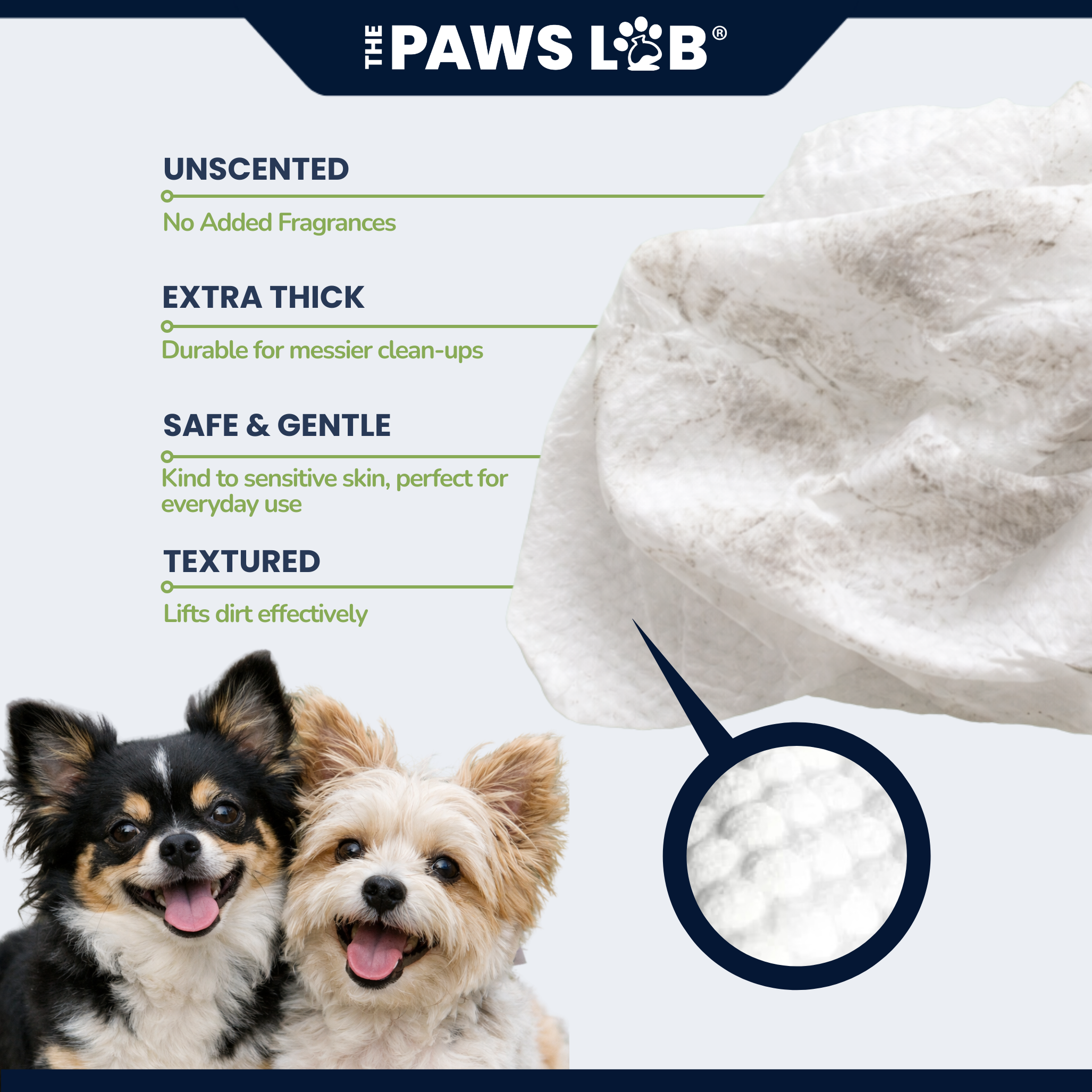 Alcohol-free and fragrance-free pet cleaning wipes for paws, coats and faces.