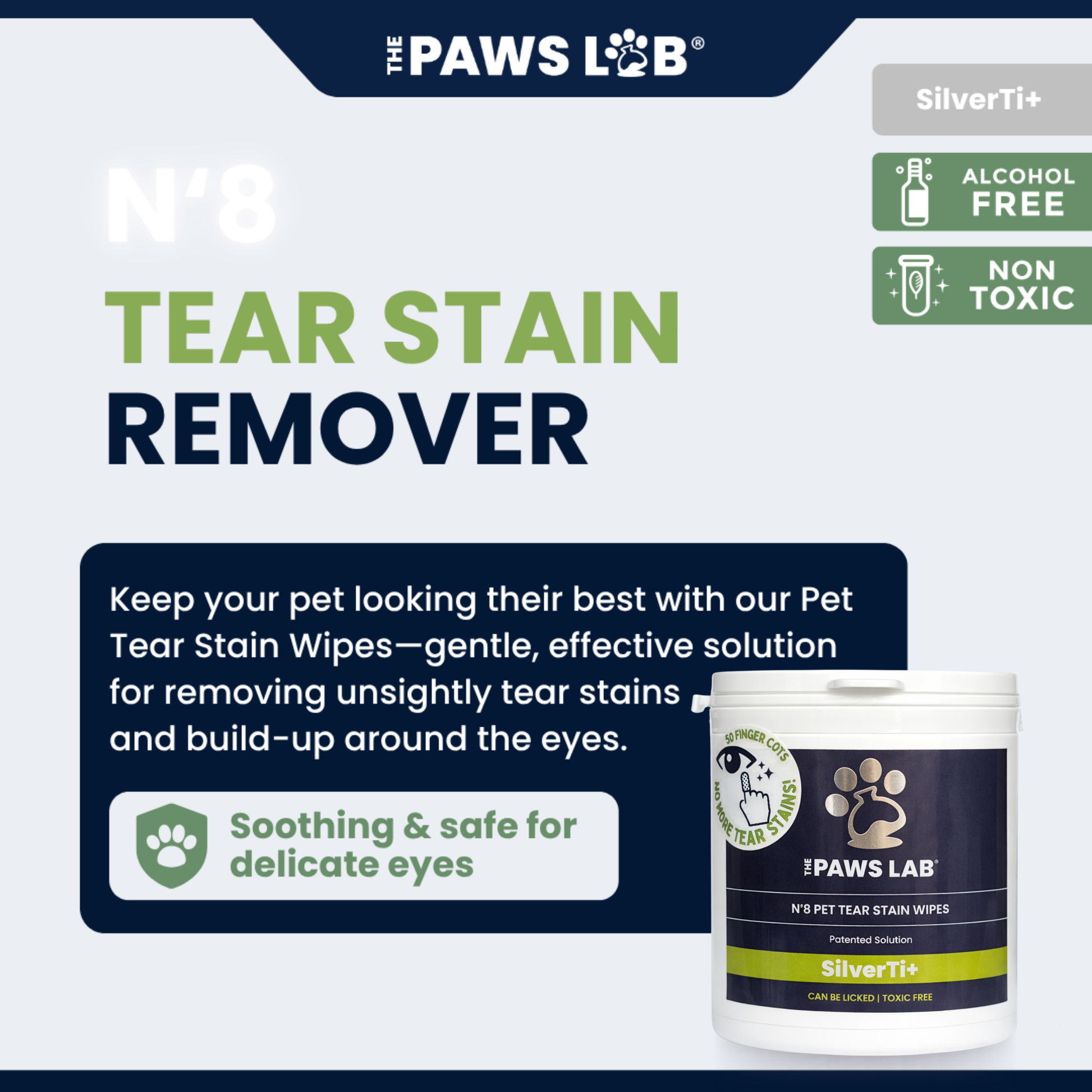 Gentle alcohol-free and fragrance-free eye-area wipes for dogs and cats.