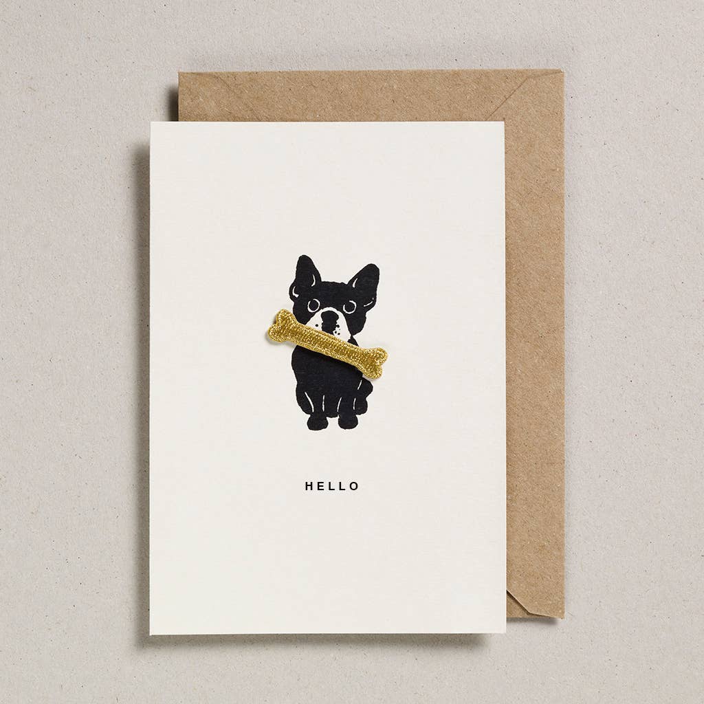 Petra Boase Bulldog greeting card with removable embroidered iron-on dog patch.