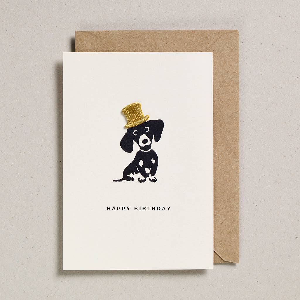 Petra Boase Daxon dog greeting card with removable embroidered iron-on patch.