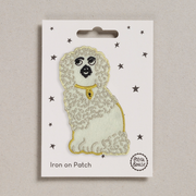 Petra Boase White Wally embroidered dog iron-on patch inspired by Staffordshire pottery.