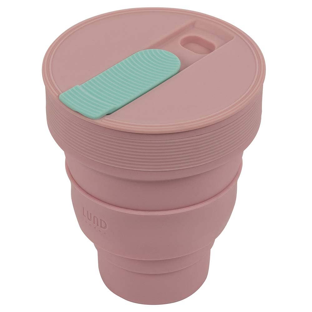 Pink silicone travel coffee cup that collapses to just 3cm high.