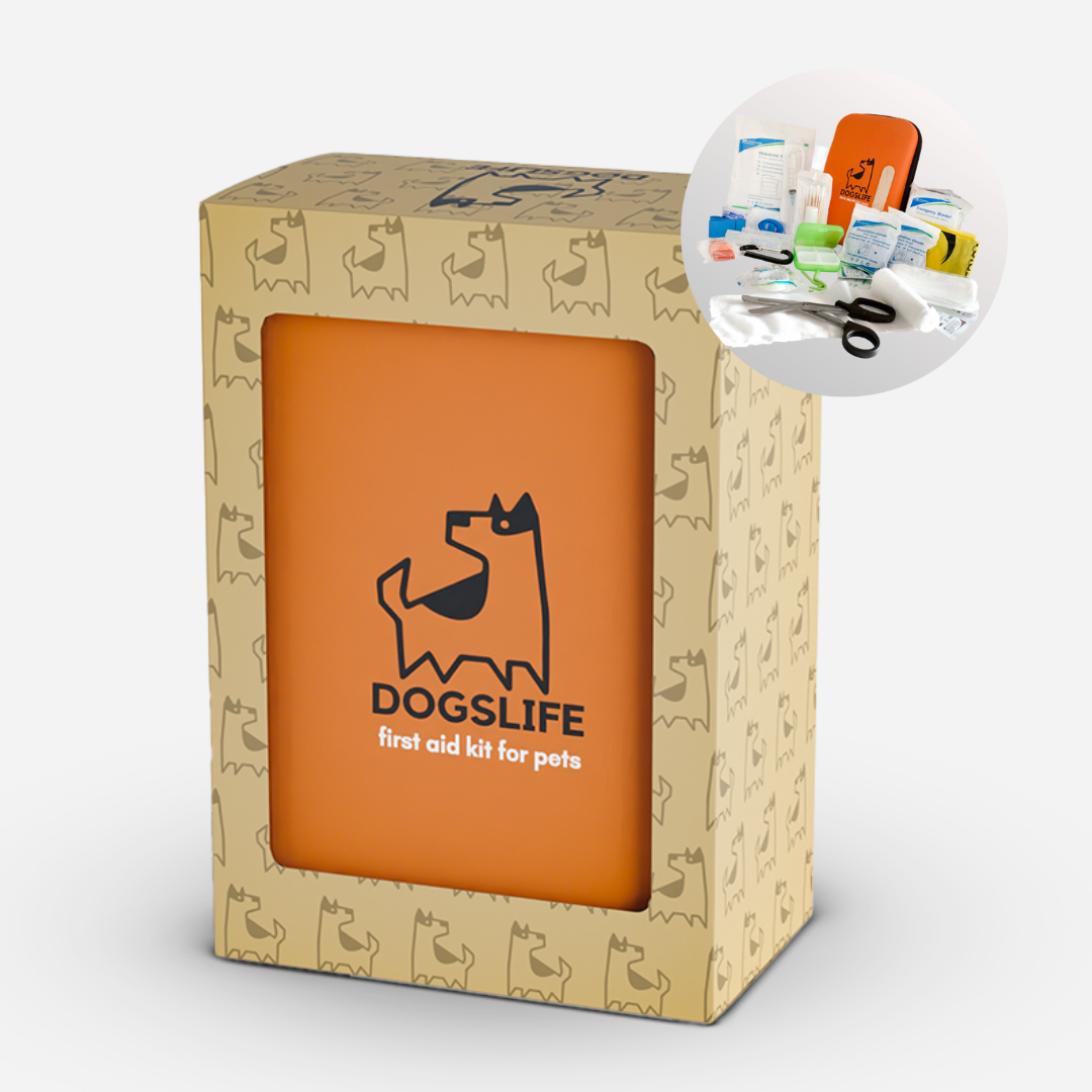 Dog first aid kit with 'DOGS LIFE' branding on a beige box.