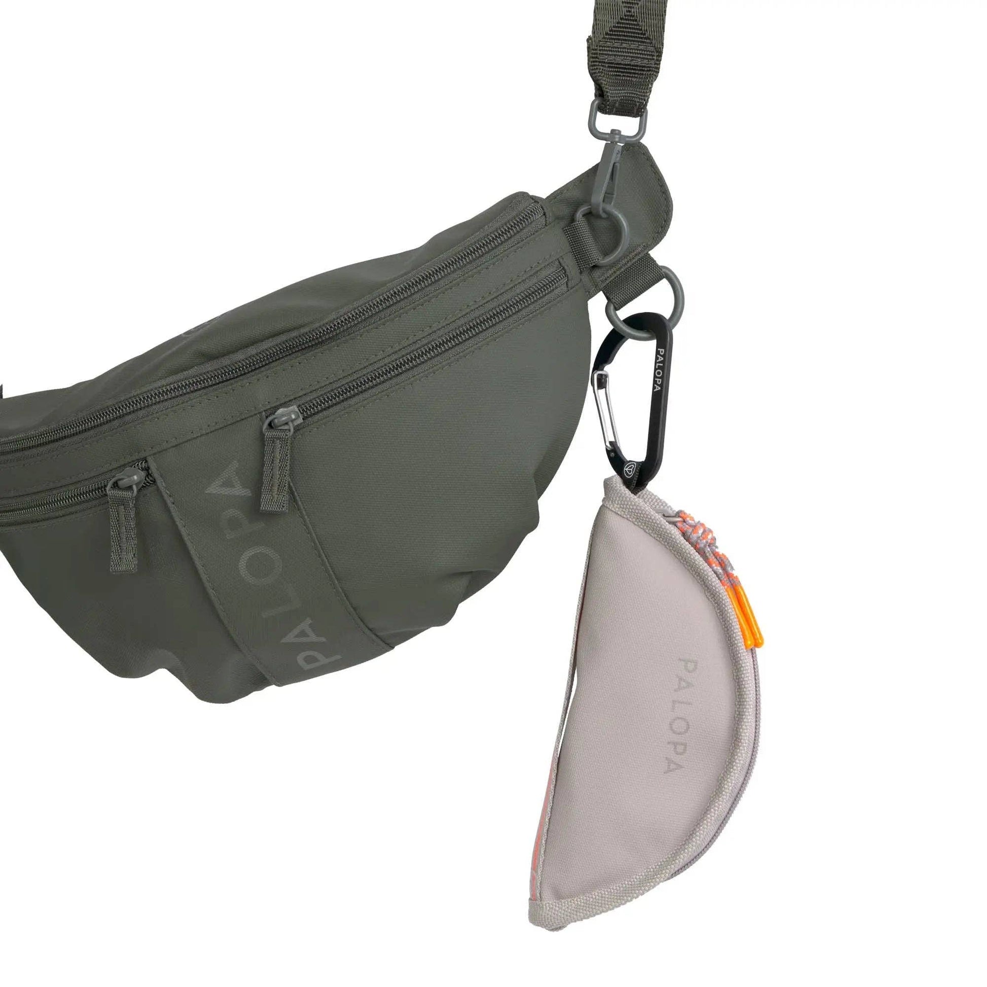 Green waist bag with a carabiner and pouch on a white background