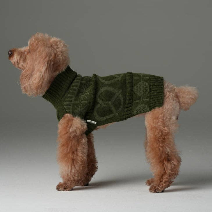 Olive green dog jumper with classic textured knit design.