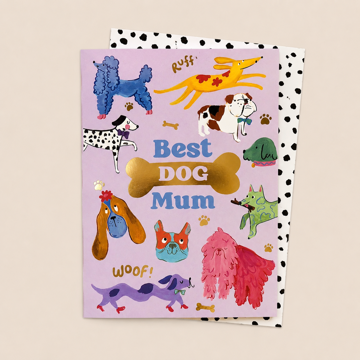 FSC-certified Best Dog Mum card with Dalmatian dot envelope.