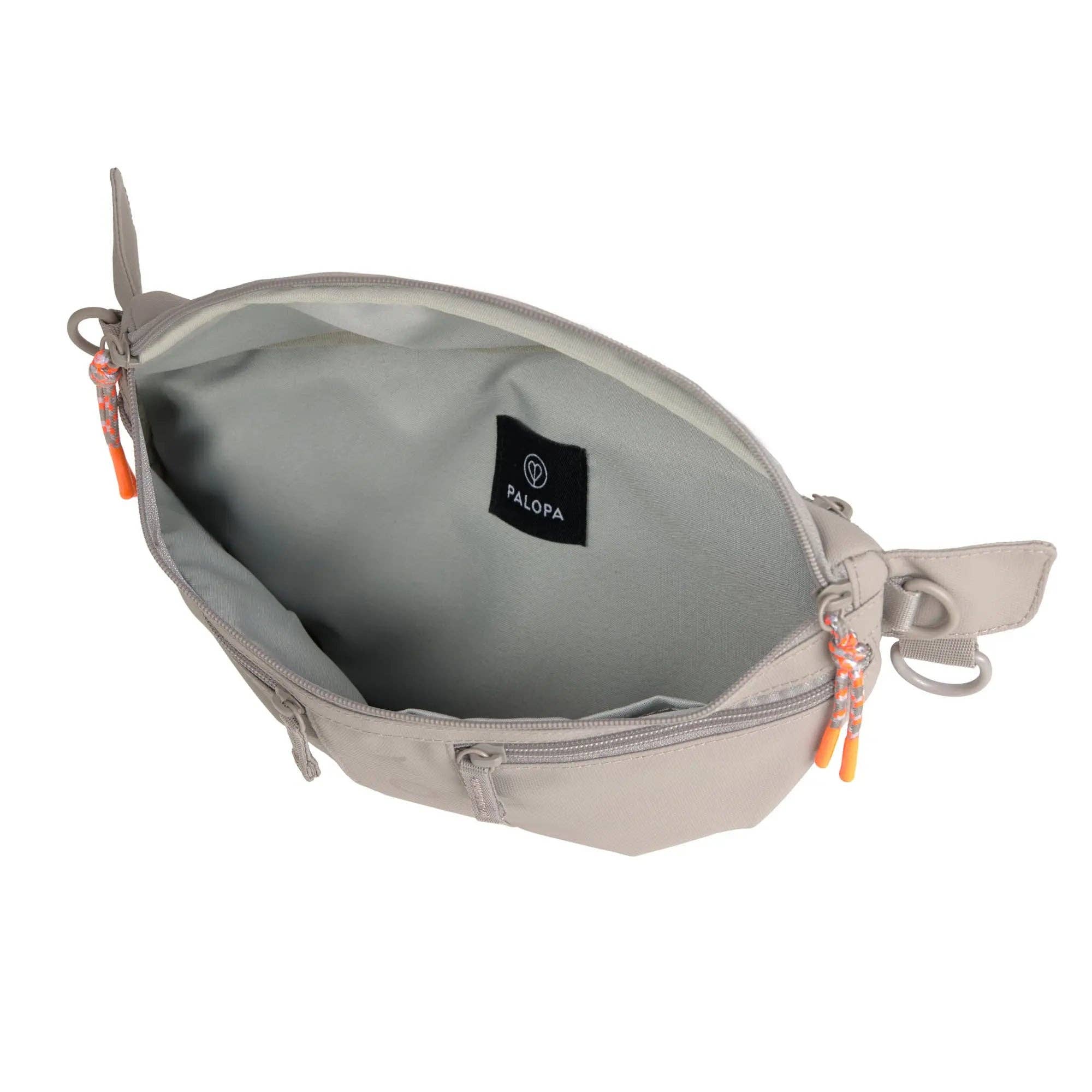 Gray waist bag with a visible brand label on a white background