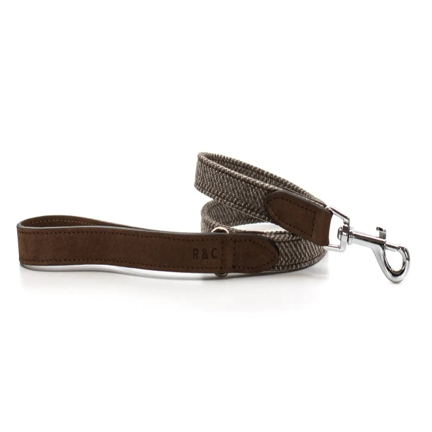 Close-up of Lincoln herringbone tweed dog collar with premium Italian nubuck leather trim