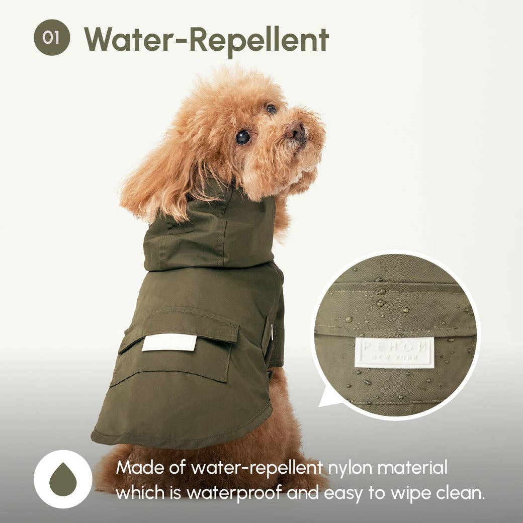 Dog wearing a green water-repellent coat with close-up of material on a light gray background
