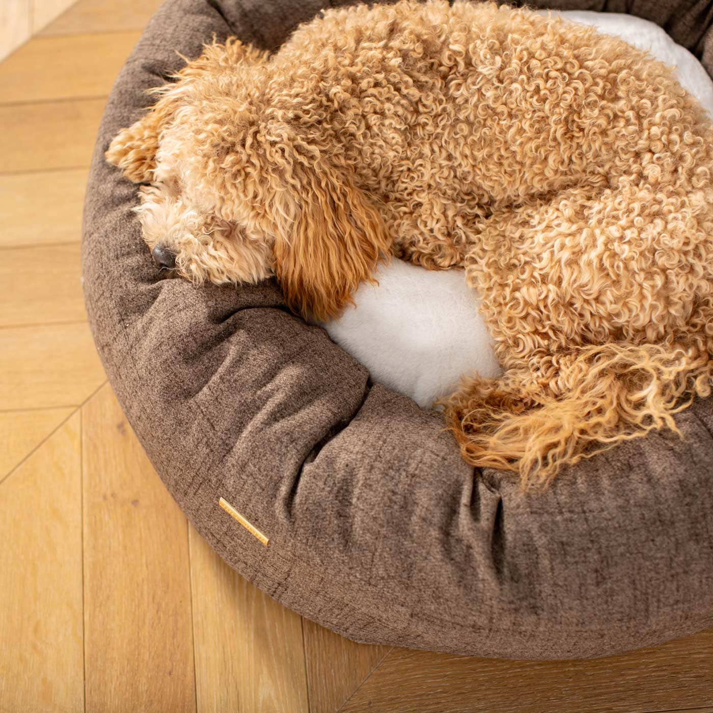 Dog lying on a brown pet bed with fluffy texture on a wooden floor.