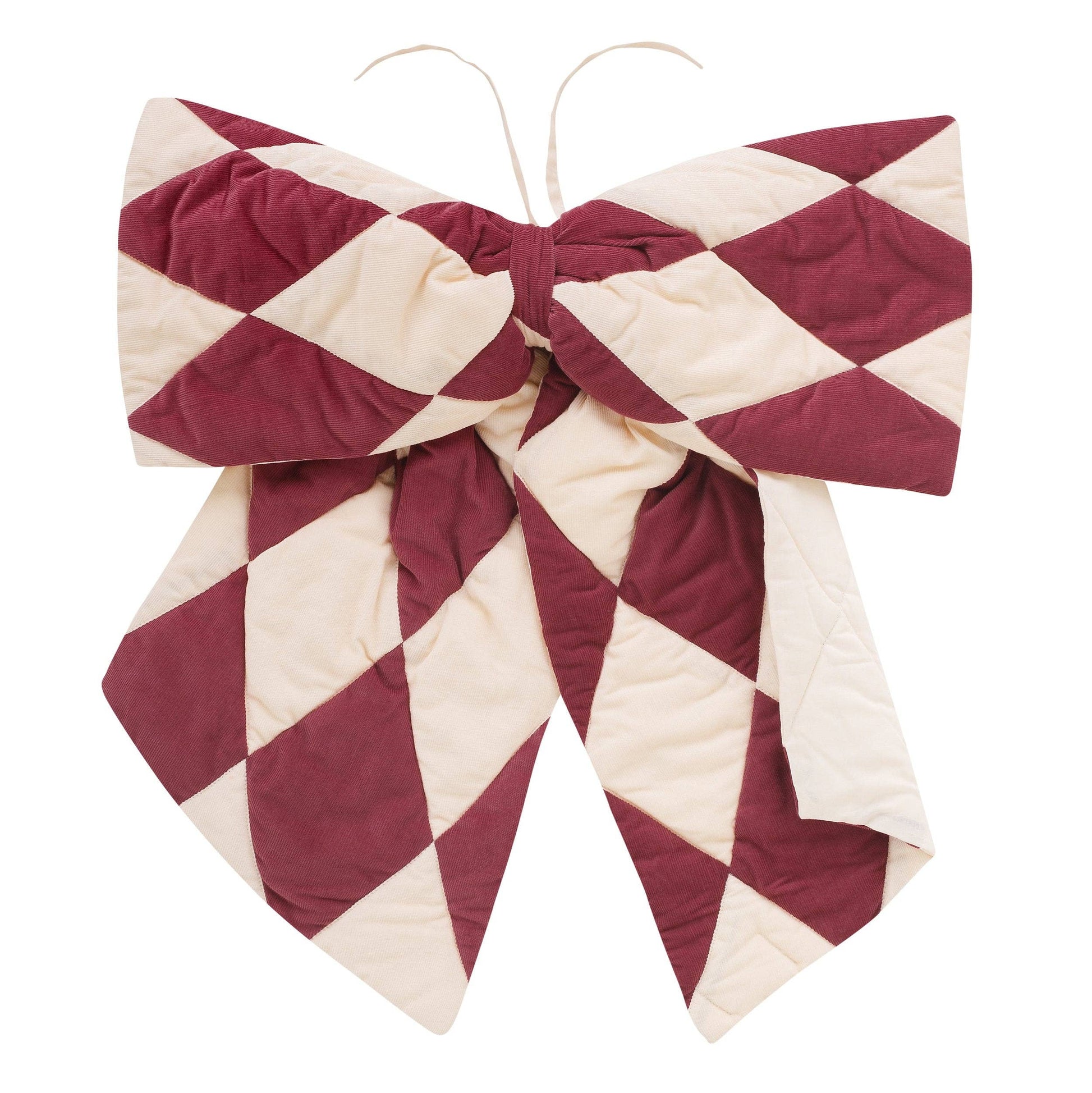 Projektityyny oversized Harlequin corduroy patchwork bow in claret and cream.