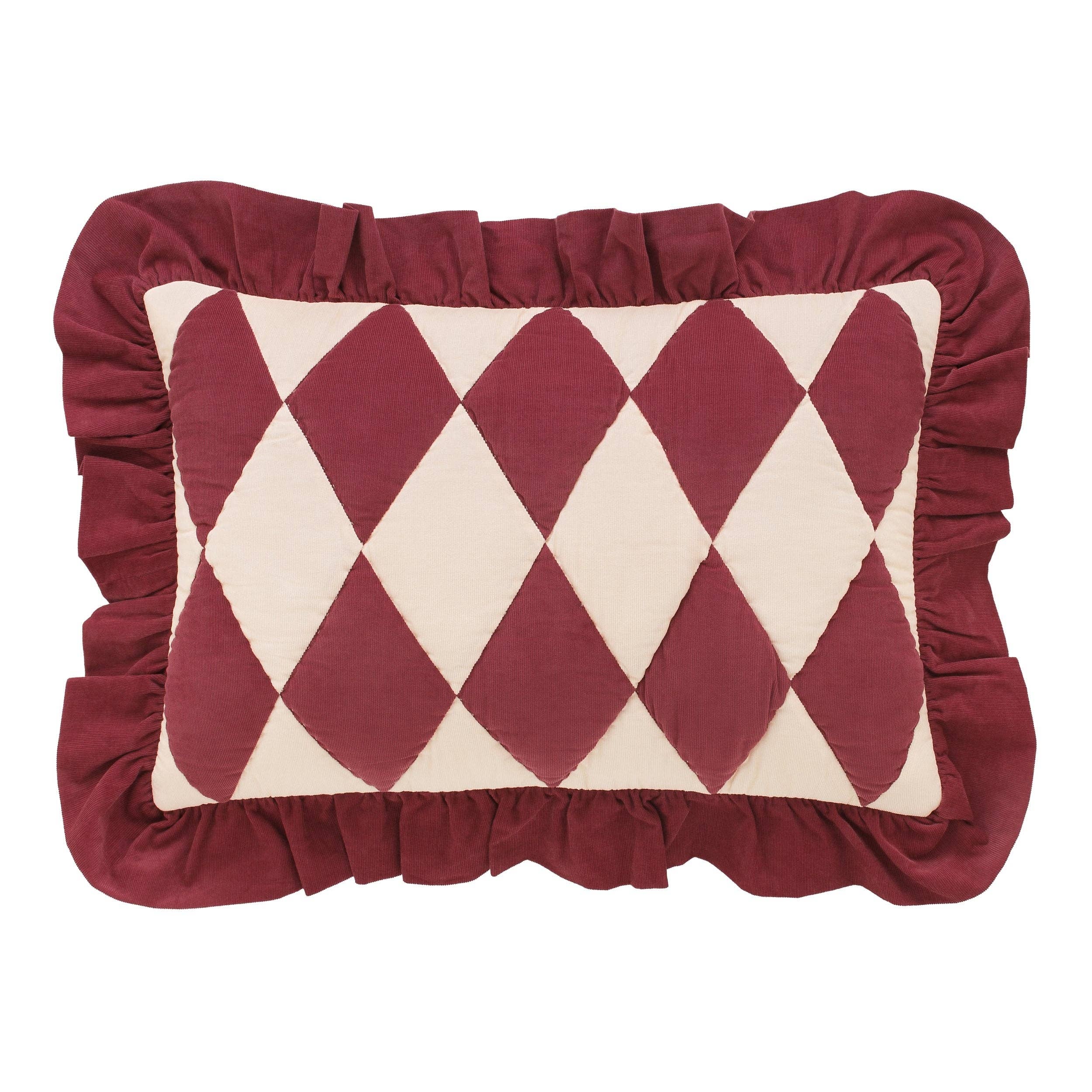 Projektityyny Harlequin cotton corduroy cushion in claret and cream with quilted patchwork front.