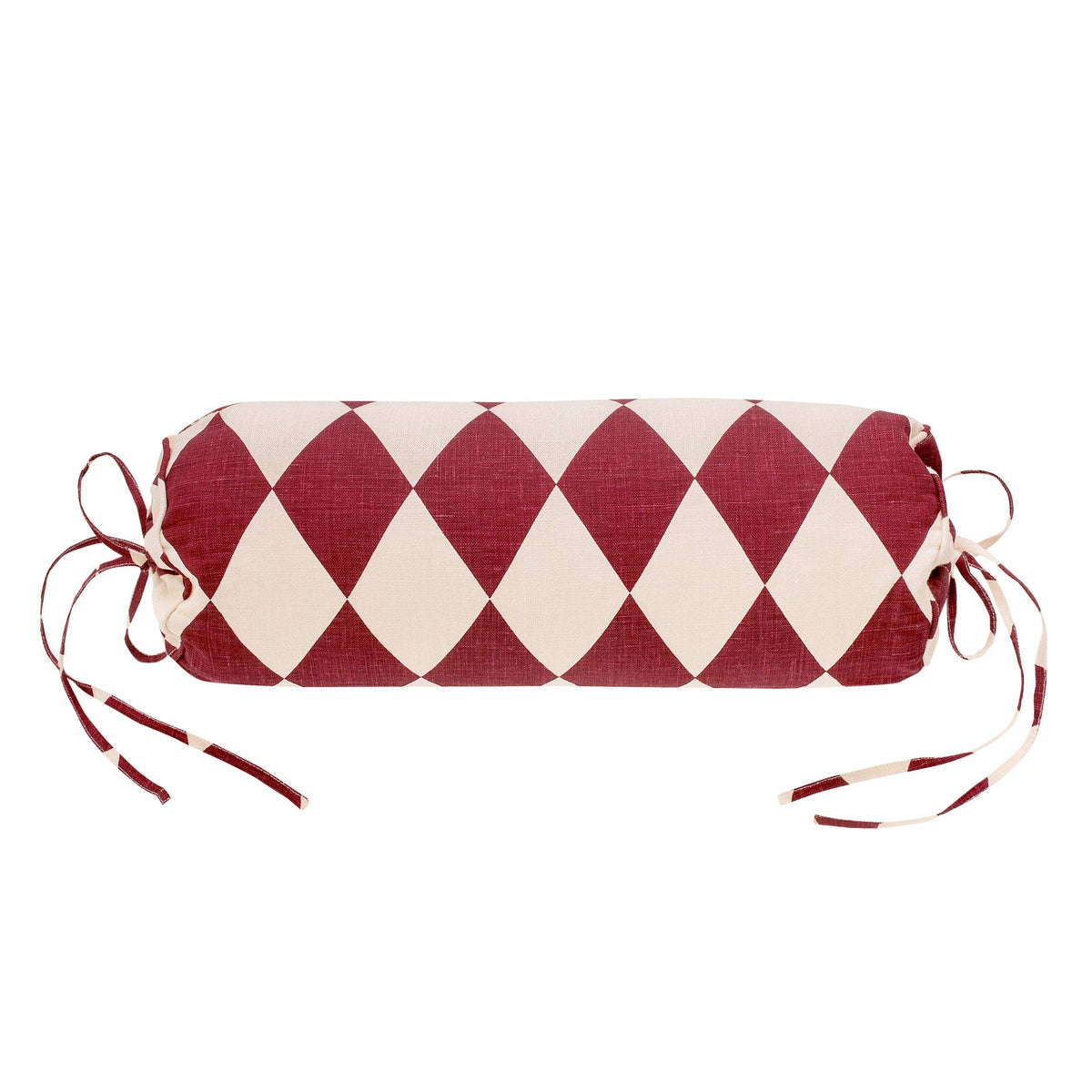 Projektityyny Harlequin linen bolster cushion in claret and cream.